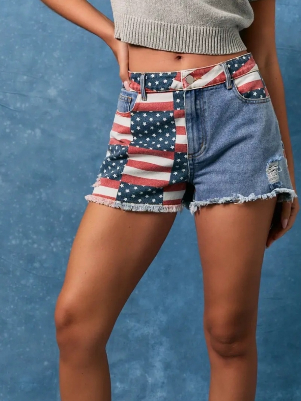 #1549 Le Lis Stars & Stripes Patchwork Denim Shorts